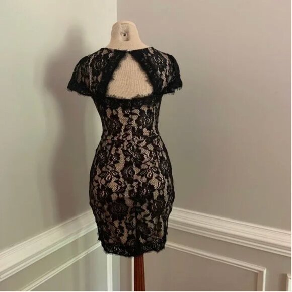 Lace Dress Short Sleeve Black with Nude Lining Keyhole Back - Picture 2 of 5